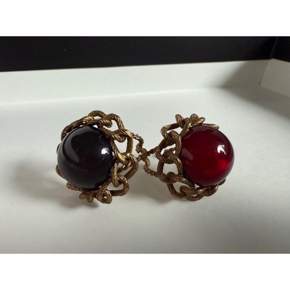 Set of Vintage Gold Tone Red Black Orb Statement Rings Runway Costume Jewelry - Picture 1 of 2
